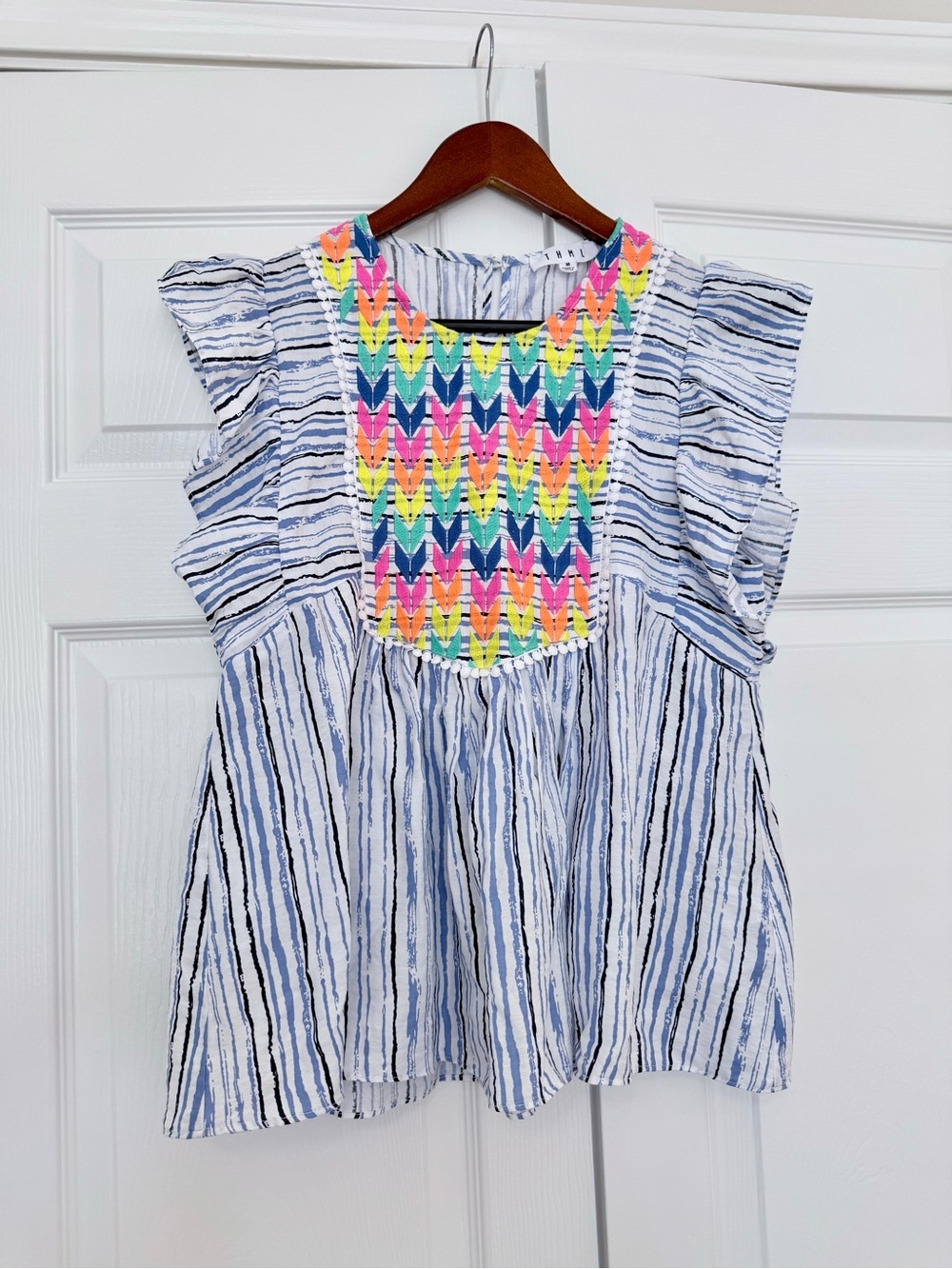 THML Striped Flutter Sleeve Top with Multicolor Embroidered Front (size M)